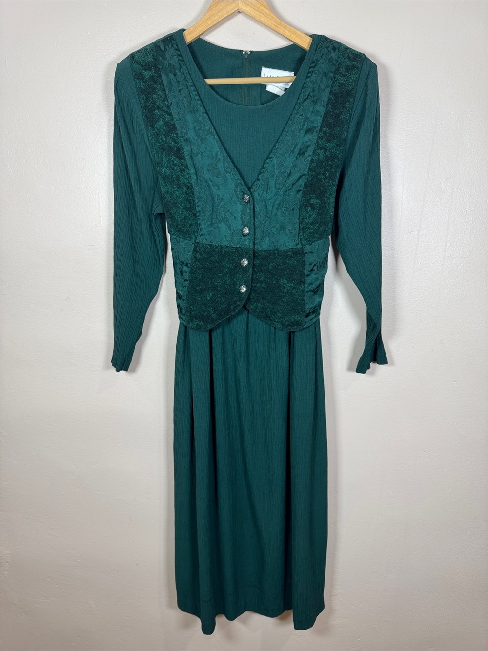 VTG Lady Dorby Emerald Green Long Sleeve Dress Patchwork Vest 90s 80s